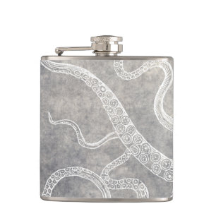 Vintage Octopus Silver Pewter Grey Watercolor Hip Flask