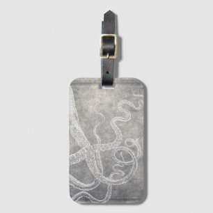 Vintage Octopus Silver Pewter Grey Watercolor Luggage Tag