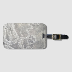 Vintage Octopus Silver Pewter Grey Watercolor Luggage Tag