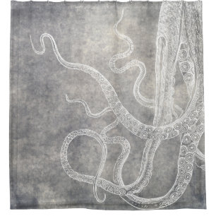 Vintage Octopus Silver Pewter Grey Watercolor Shower Curtain