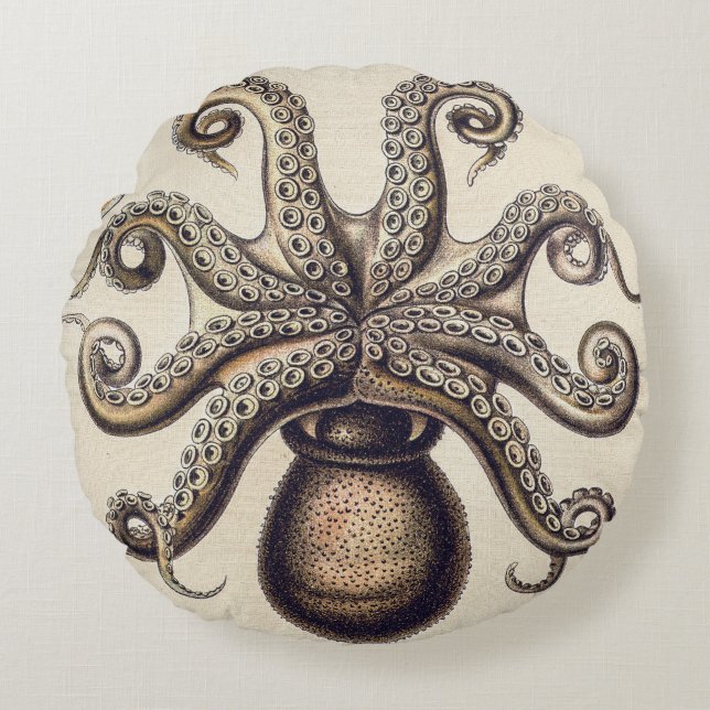 Vintage Octopus Squid by Ernst Haeckel Round Cushion (Front)