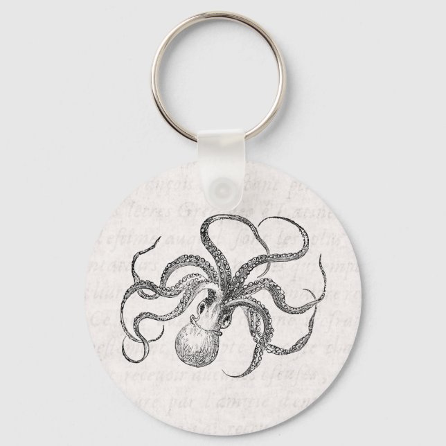 Vintage Octopus Template with Antique Text Key Ring (Front)