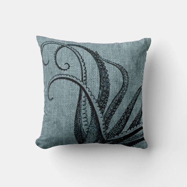 Vintage Octopus Tentacles Black Blue Grey Cushion (Front)