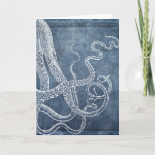 Vintage Octopus Twilight Blue Denim Watercolor Card