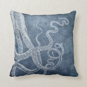 Vintage Octopus Twilight Blue Denim Watercolor Cushion