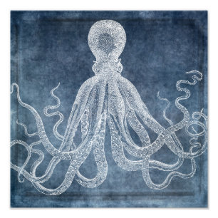 Vintage Octopus Twilight Blue Denim Watercolor Photo Print