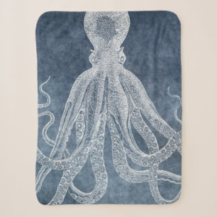 Vintage Octopus Twilight Blue Denim Watercolor Sherpa Blanket