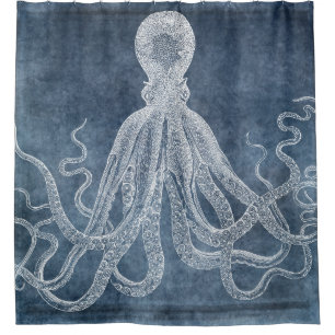 Vintage Octopus Twilight Blue Denim Watercolor Shower Curtain
