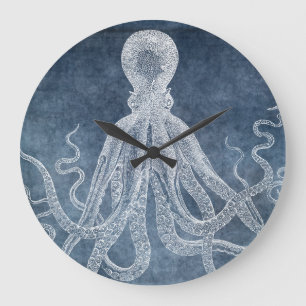 Vintage Octopus Twilight Blue Denim Watercolor Squ Large Clock