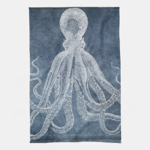 Vintage Octopus Twilight Blue Denim Watercolor Tea Towel