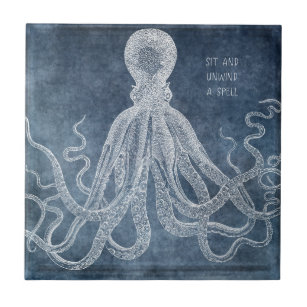 Vintage Octopus Twilight Blue Watercolor Quote Tile