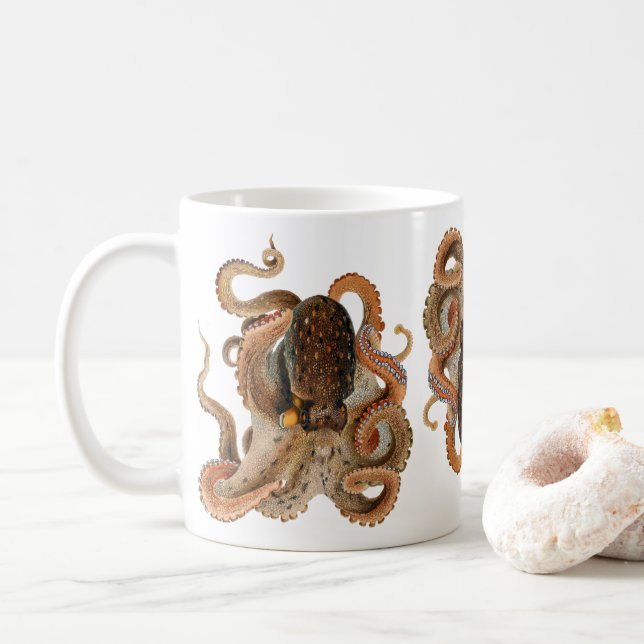 Vintage Octopus Vulgaris, Marine Life Animals Coffee Mug (With Donut)