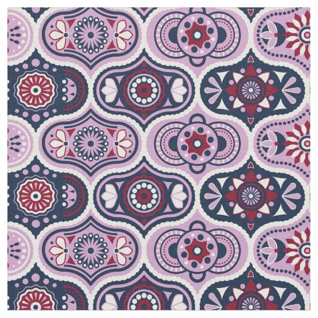 Vintage Ogee Intricate Navy and Orchid Fabric (Close Up)