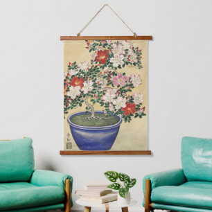 Vintage Ohara Koson Azalea in Blue Pot Art Hanging Tapestry