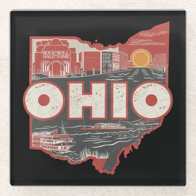 Vintage Ohio USA Map Postcard Glass Coaster (Front)