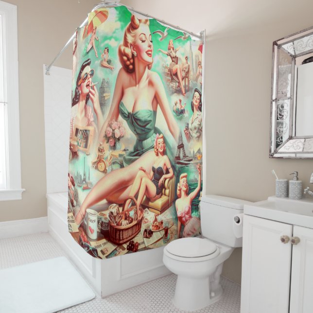 Vintage Oil Painting Collage Pin Up Shower Curtain (In Situ)
