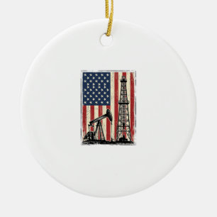 Vintage Oilfield American Flag Vector Shirt Design Ceramic Tree Decoration