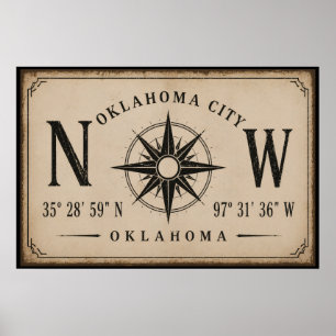 Vintage Oklahoma City Coordinates Compass Rose Poster