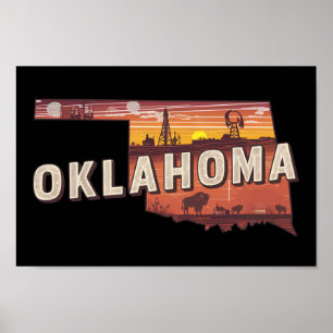 Vintage Oklahoma Illustrated State Map Travel Poster