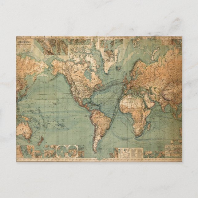 Vintage Old Antique World Map Holiday Postcard (Front)