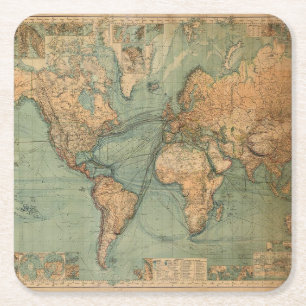 Vintage Old Antique World Map Lithograph Elegant Square Paper Coaster
