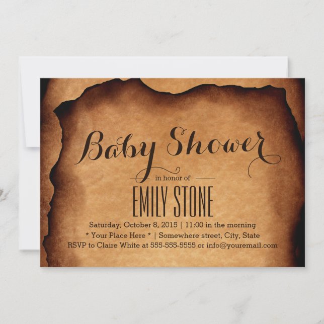 Vintage Old Burned Paper Baby Shower Invitations (Front)