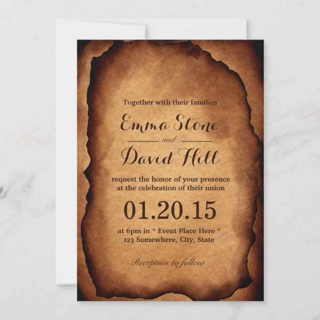 Vintage Old Burned Paper Wedding Invitations (Front)