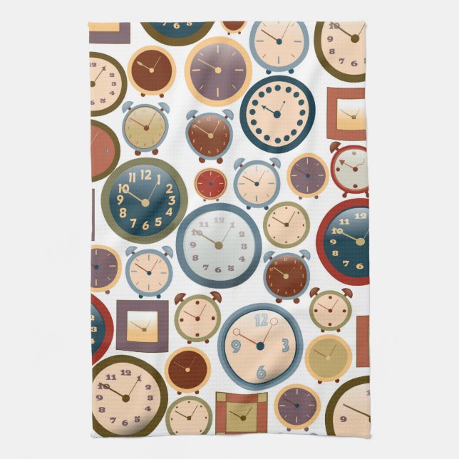 Vintage Old Clocks Pattern Tea Towel (Vertical)