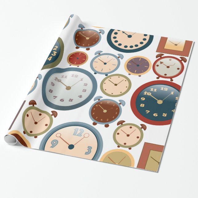 Vintage Old Clocks Pattern Wrapping Paper (Unrolled)