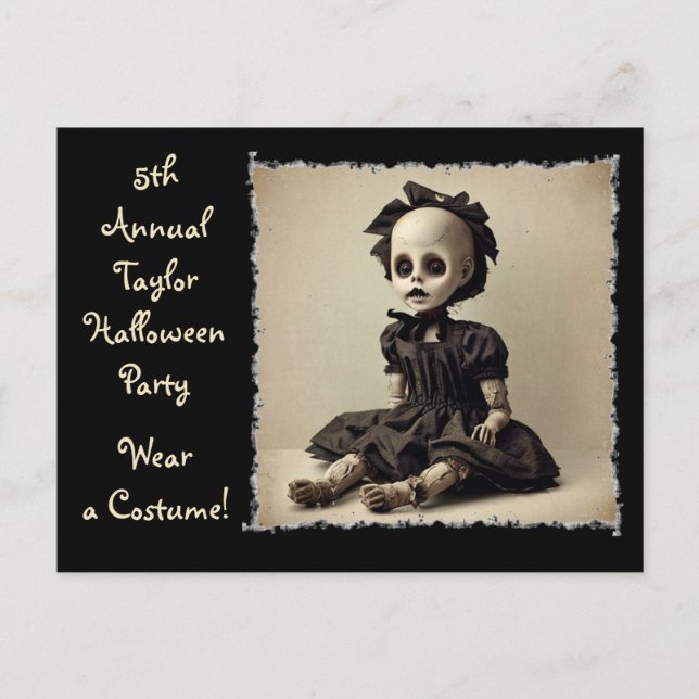 Vintage old Creepy Doll Halloween Party Invites Postcard (Front)