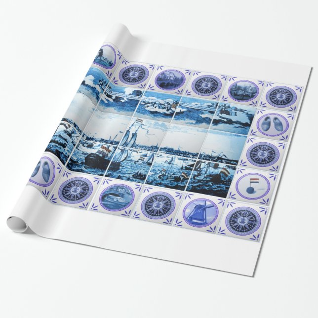 Vintage Old Dutch Tiles Delftware Holland Wrapping Paper (Unrolled)