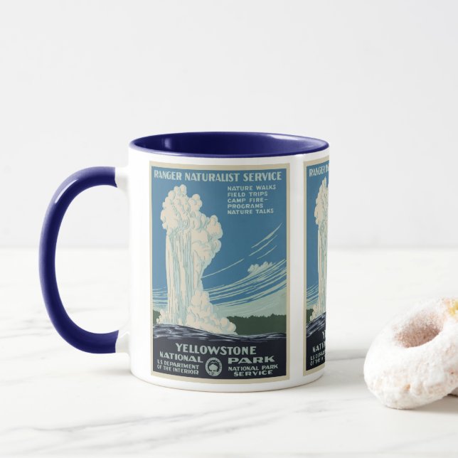 Vintage Old Faithful in Yellowstone National Park Mug (With Donut)