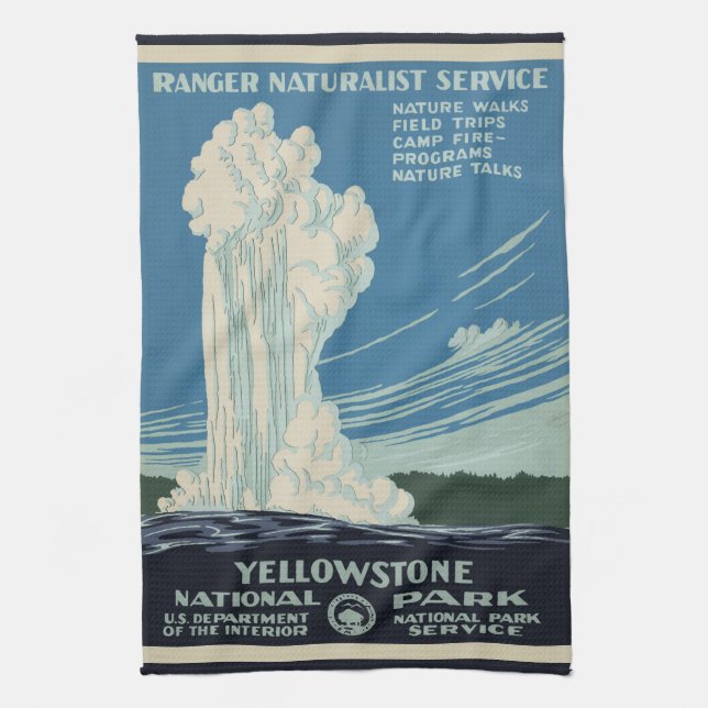 Vintage Old Faithful in Yellowstone National Park Tea Towel (Vertical)