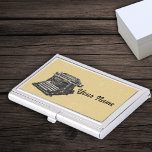 Vintage Old Fashioned Black Typewriter Drawing Tan Business Card Holder<br><div class="desc">This silver metal business card case is tan with a black drawing of a vintage old fashioned typewriter.  Customise your name with the template.</div>