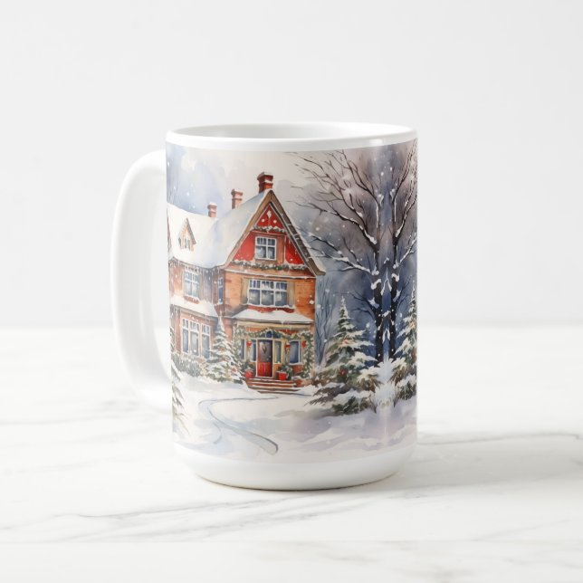 Vintage Old Fashioned House Christmas Scene Mug (Front Left)