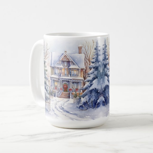 Vintage Old Fashioned House Christmas Scene Mug (Front Left)
