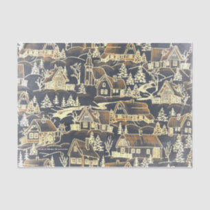 Vintage Old Gold Merry Christmas Holiday Village Tissue Paper