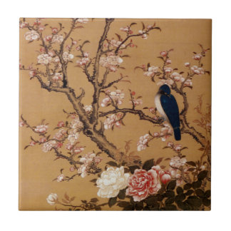Vintage Old Japanese Painting of A Bird On A Tree Tile