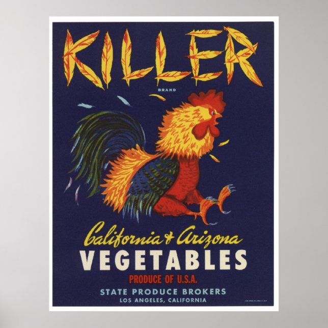 Vintage Old Killer Chicken Vegetables Crate Labels Poster (Front)