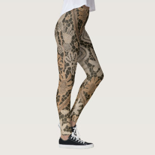 Vintage Old Lace Patterns On Dark Brown Background Leggings