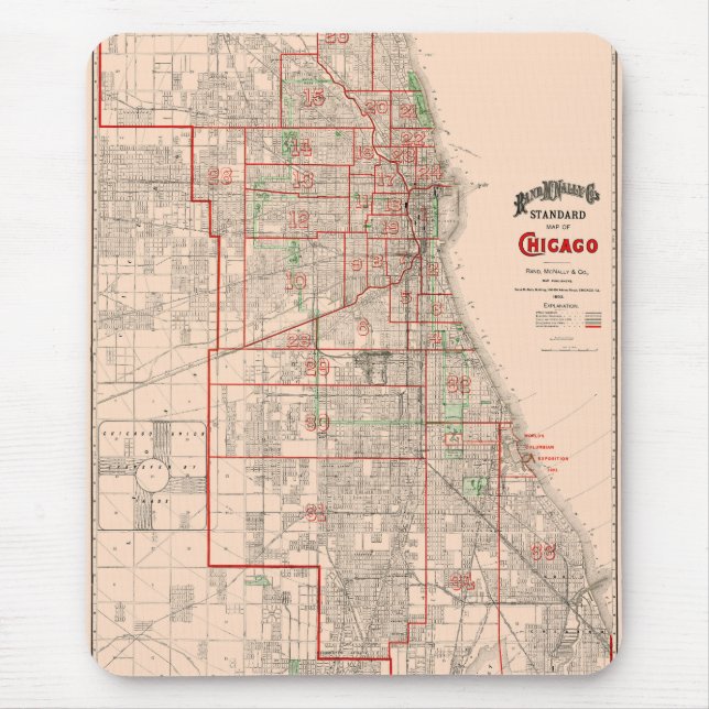 Vintage Old Map of Chicago - 1893 Mouse Mat (Front)