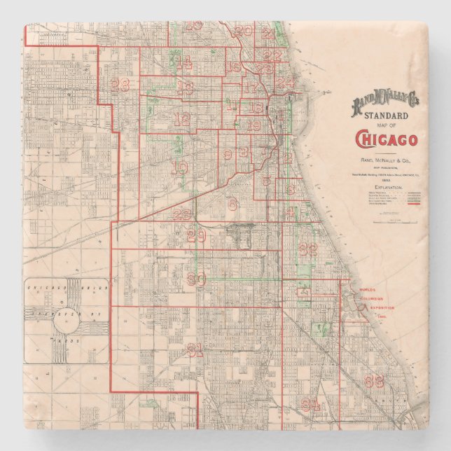 Vintage Old Map of Chicago - 1893 Stone Coaster (Front)