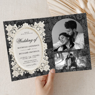 Vintage Old Money Black Ivory Doily Lace Wedding Invitation