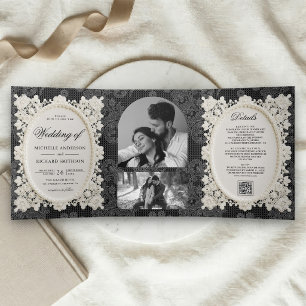 Vintage Old Money Black Ivory Doily Lace Wedding Tri-Fold Invitation