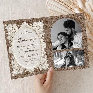 Vintage Old Money Brown Ivory Doily Lace Wedding Invitation