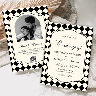 Vintage Old Money Ivory Black Chequered Wedding Invitation