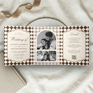 Vintage Old Money Ivory Brown Chequered Wedding Tri-Fold Invitation