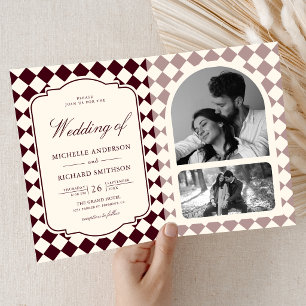 Vintage Old Money Ivory Burgundy Chequered Wedding Invitation
