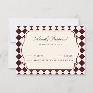 Vintage Old Money Ivory Burgundy Chequered Wedding RSVP Card