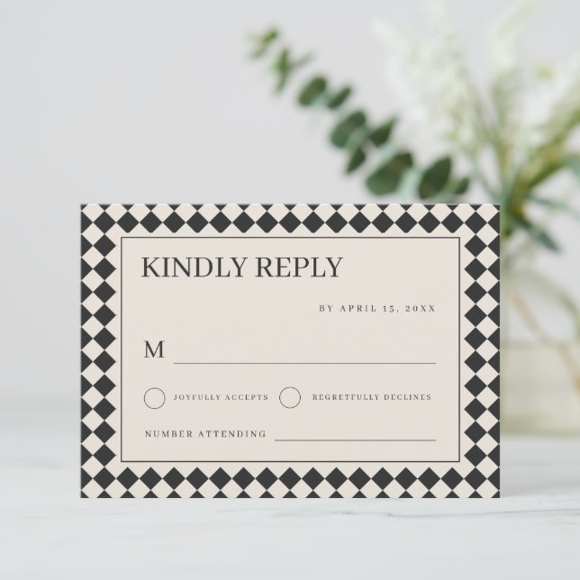 Vintage Old Money Preppy Checkered Wedding RSVP Card (Standing Front)